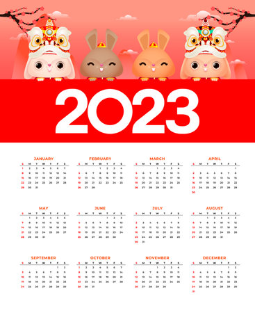 Happy Chinese new year 2023 calendar greeting card year of the rabbit zodiac, bunny glod ingot gong xi fa cai Cartoon background vecor illustration, Translation text happy new yearのイラスト素材