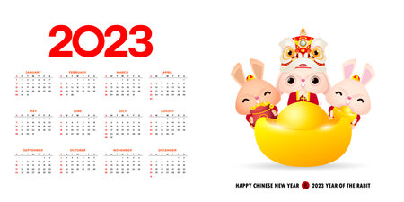 Happy Chinese new year 2023 calendar greeting card year of the rabbit zodiac, bunny rabbit glod gong xi fa cai, Cartoon background vecor illustration, Translation text  new yearのイラスト素材