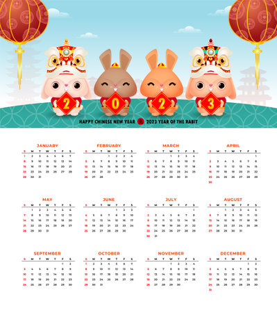 Happy Chinese new year 2023 calendar greeting card year of the rabbit zodiac, bunny rabbit glod gong xi fa cai, Cartoon background vecor illustration, Translation text  new yearのイラスト素材
