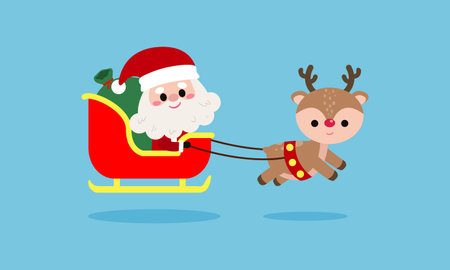 Cartoon of Cute Santa Clauses and reindeer with his Christmas sled, Merry christmas and Happy new year on blue background Vector Illustrationのイラスト素材