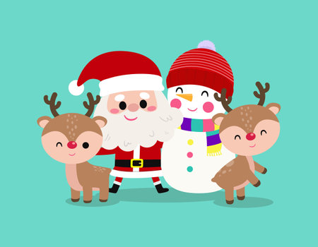 Merry Christmas and happy new year greeting card banner template, cute Santa Claus and reindeer, snowman ,cartoon character in snow scene winter banner, Xmas holiday conceptのイラスト素材