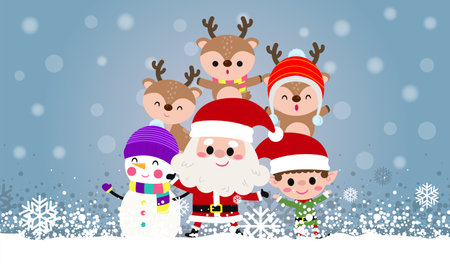 Merry Christmas and happy new year greeting card with cute Santa Claus, snowman, little elf and deer. Holiday cartoon character in winter season HNY vector illustration posterのイラスト素材