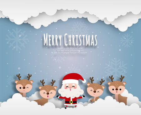 Merry Christmas and Happy new year Paper cut style Santa Claus and reindeer on sky banner template Xmas holiday party concept illustration character HNY isolated on background vectのイラスト素材