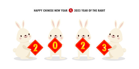 Four little rabbit holding sign golden Happy chinese new year 2023 year of the rabbit zodiac, gong xi fa cai Cartoon isolated on white background vector illustrationのイラスト素材