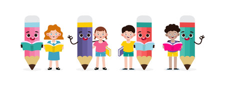 children Posing With Pencil Character, Back to school, cartoon Children flying on pencil, kids riding big pencil in the sky, education concept poster vector illustrationのイラスト素材
