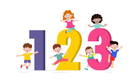Cartoon kids with 123 numbers, children with Numbers isolated white background Vector Illustrationのイラスト素材