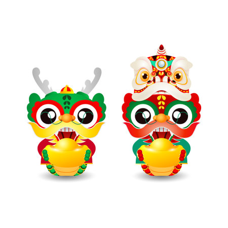 Happy Chinese new year 2024 with little dragon holding golden ingots, gong xi fa cai, the year of the dragon zodiac, Capricorn calendar,cute Cartoon isolated white backgroundのイラスト素材