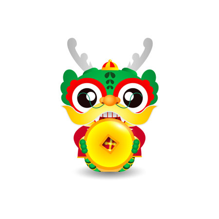 Happy Chinese new year 2024 and little dragon holding coins of gold, gong xi fa cai, the year of the dragon zodiac, Capricorn calendar, cute Cartoon isolated white backgroundのイラスト素材