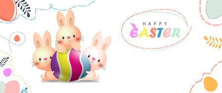 Happy Easter banner with cute bunnies and eggs. Vector illustration.のイラスト素材
