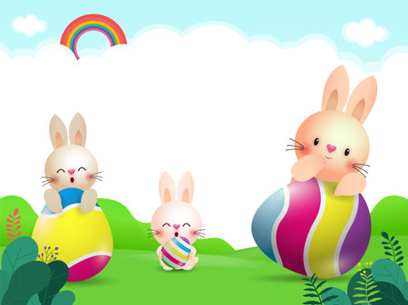 Easter background with cute bunnies and egg in the grassのイラスト素材