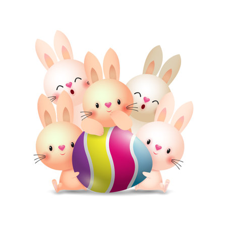 Happy Easter Little Rabbit Bunny with a painted egg, banner template isolated on white Background vector illustrationのイラスト素材