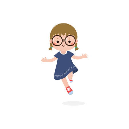 Cute little girl in glasses jumping. Vector illustration in cartoon style.のイラスト素材