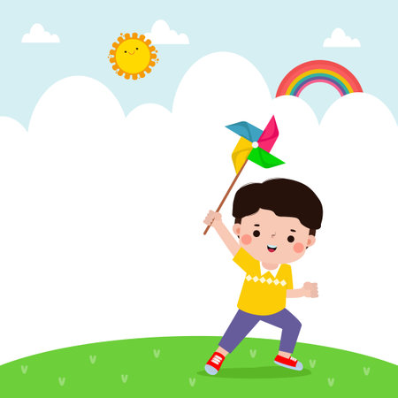 Cute little boy playing with windmill in the park vector illustrationのイラスト素材