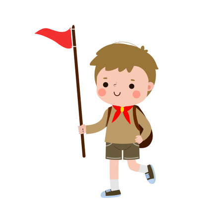 Happy cute little kid wear scout honor uniform, children girl scout cartoon flat character isolated vector illustration on white backgroundのイラスト素材
