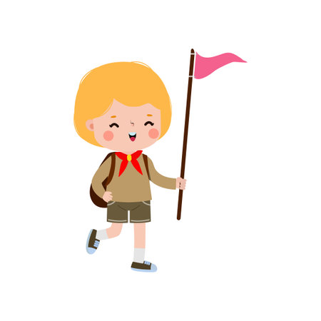 Happy cute little Cute boy scout with backpack and flag , kid girl scout honor uniform summer camp cartoon flat character isolated vector illustration on white backgroundのイラスト素材