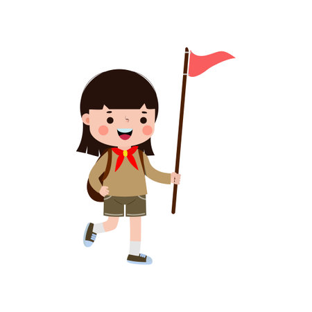 Happy cute little Cute boy scout with backpack and flag , kid girl scout honor uniform summer camp cartoon flat character isolated vector illustration on white backgroundのイラスト素材