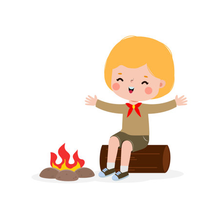 Cute little boy scout or girl scout sitting on a log by the campfire, Happy kid honor uniform summer camp cartoon flat character isolated vector illustration on white backgroundのイラスト素材