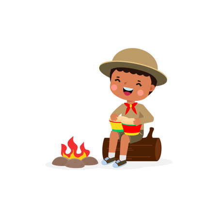 Cute little african kid playing bongo drums, boy scout or girl scout sitting on a log by the campfire, Happy kids summer camp cartoon flat character isolated vector illustrationのイラスト素材