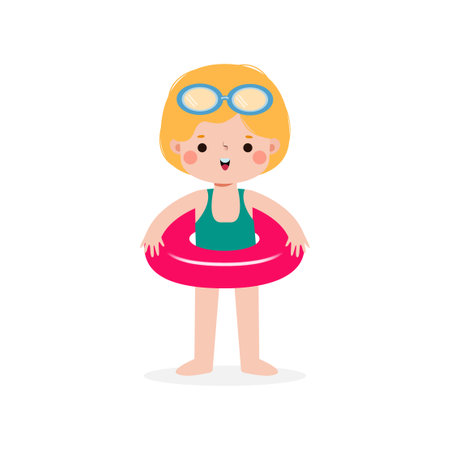 Cute little girl in swimsuit and swimming ring. Vector illustration.のイラスト素材