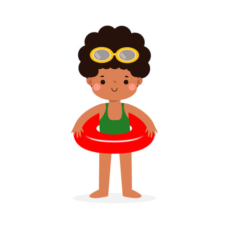 Cute little african american girl in swimming suit with lifebuoy. Vector illustrationのイラスト素材