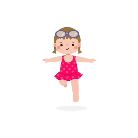 Cute little girl in a swimsuit and glasses jumping. Vector illustration.のイラスト素材