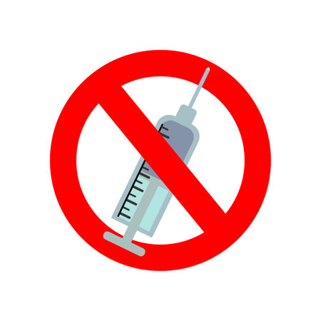 No Vaccination icon symbol inside red crossed circle on a white background. Simple No Vaccination llustration style flat vectorのイラスト素材