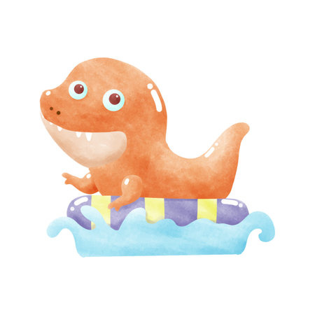 Cute Dinosaur baby wear rubber ring swimming in the sea. element watercolor style on white background vector illustrationのイラスト素材