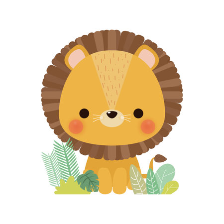 Cute little lion in the forest, funny cartoon character flat style element icon isolated on white background vector illustrationのイラスト素材