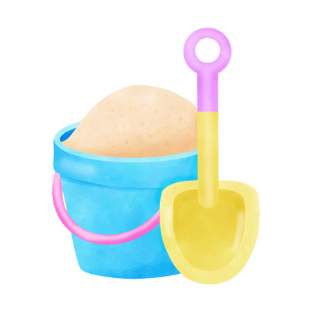 Sand bucket and shovel. Watercolor illustration isolated on white background.のイラスト素材