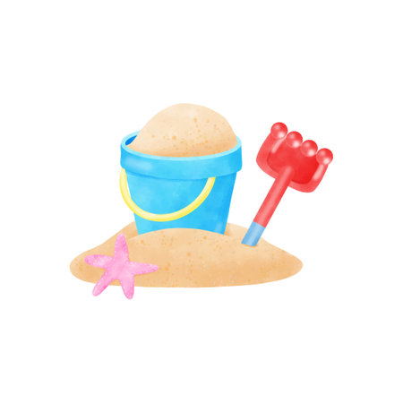 Sand bucket with shovel and starfish. Vector illustration on white background.のイラスト素材