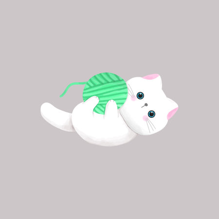 Cute cartoon cat with a ball of yarn. Vector illustration.のイラスト素材