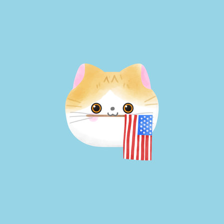 Happy 4th of July Cute cat with American flag. Vector illustration in cartoon style.のイラスト素材