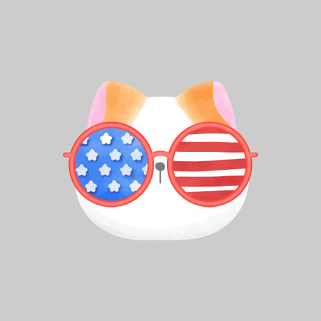 Happy 4th of July Cat with sunglasses. Vector illustration of a cat in sunglasses. Cartoon cat.のイラスト素材