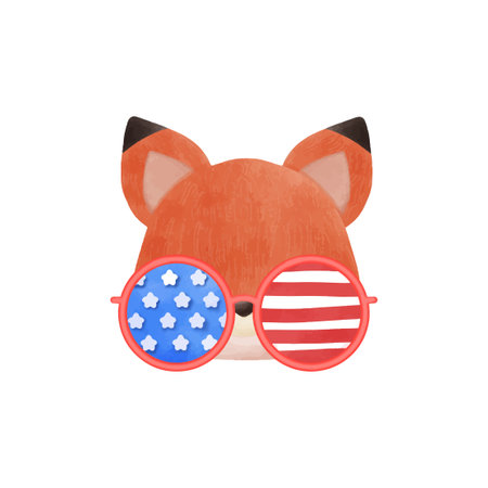 Happy 4th of July Cute fox with glasses and american flag. Vector illustration.のイラスト素材