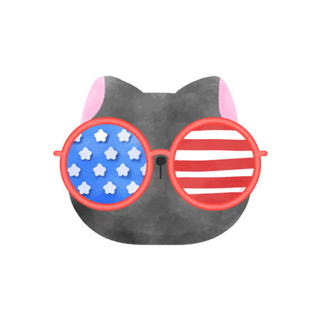 Happy 4th of July Cute cat with glasses. Hand drawn vector illustration in watercolor style.のイラスト素材