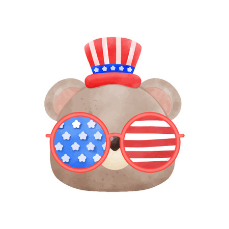 Happy 4th of July Cute cartoon teddy bear with glasses and american flag.のイラスト素材