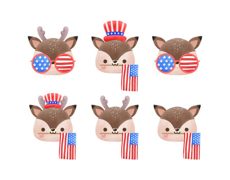 Happy 4th of July set of group Cute cartoon reindeer with glasses and american flag.のイラスト素材