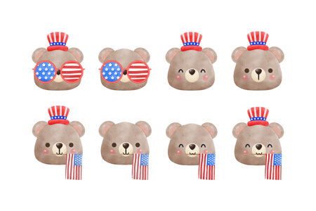 set of group Cute bear with american flag and sunglasses. Vector illustration.のイラスト素材