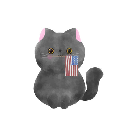 Happy 4th of July cute black cat Cute cartoon cat with American flag. Hand drawn vector illustration.のイラスト素材