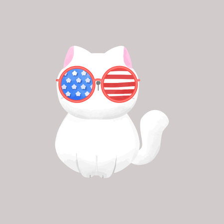 Happy 4th of July cute white cat Cute cartoon cat with sunglasses isolated on gray background. Vector illustration.のイラスト素材