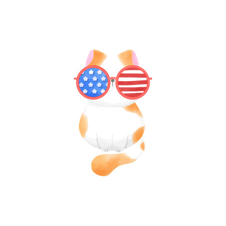 Happy 4th of July cute red and white cat vector Illustrationのイラスト素材