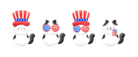 Happy 4th of July set of group kawaii black and white cat vector Illustrationのイラスト素材