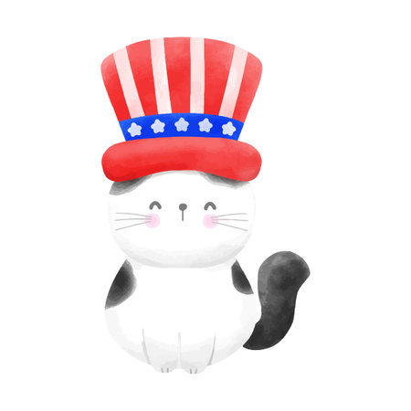Happy 4th of July Cute cartoon cat American flag. Vector illustration.のイラスト素材