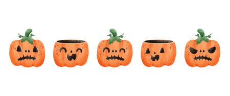 set of Halloween pumpkins watercolor with scary faces. Cute cartoon vector illustration.のイラスト素材