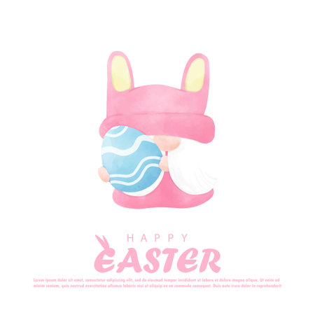 Happy Easter day watercolor. gnome cartoon with Easter egg greeting card wallpaper background banner template isolated vector illustrationのイラスト素材