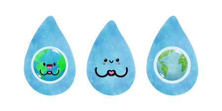 World water day Water drop character set. Cute cartoon water drop with world map. Vector illustration.のイラスト素材