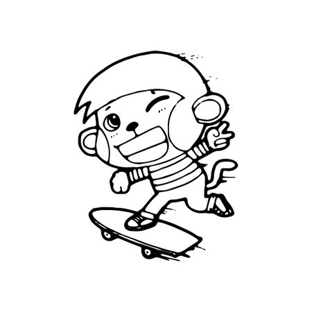 cartoon Little monkey Skateboarding comic doodle illustration vector isolated on white backgroundのイラスト素材