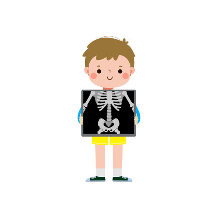 cute cartoon european kid with x-ray screen showing internal organs and skeleton. x ray check bones child, infographics for kid Vector illustration isolated on white backgroundのイラスト素材