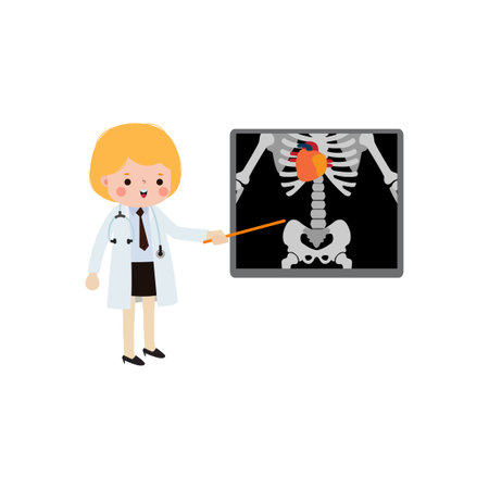 cute cartoon american woman doctorwith x-ray screen showing internal organs and skeleton. x ray check bones infographics Vector illustration isolated on white backgroundのイラスト素材