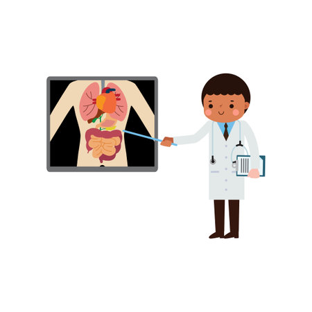 cute cartoon african american doctor with x-ray screen showing internal organs and skeleton. x ray check bones infographics Vector illustration isolated on white backgroundのイラスト素材